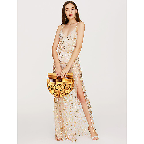 

Women's Swing Dress Maxi long Dress Gold Black Sleeveless Solid Colored Summer V Neck Slim Split S M L XL