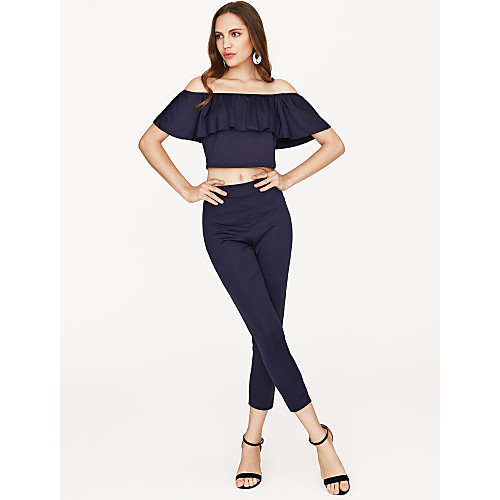 

Women's Other Solid Colored Daily Two Piece Set Crop Top Set Pant Ruffle Off Shoulder Tops / Sexy / Slim