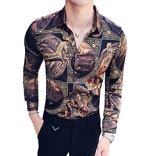 

Men's Shirt Tribal Long Sleeve Daily Slim Tops Classic Collar Brown / Summer