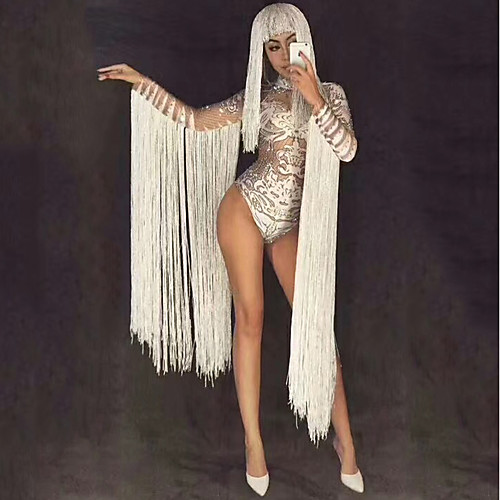 

Exotic Dancewear Leotard / Onesie Tassel Crystals / Rhinestones Women's Performance Long Sleeve Natural Spandex