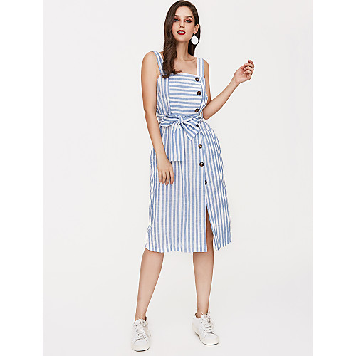 

Women's Strap Dress Knee Length Dress Blue Sleeveless Striped Slim S M L XL