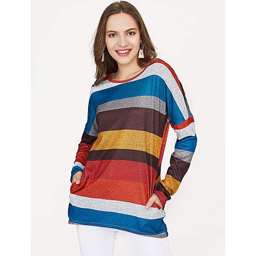 

Women's T shirt Striped Long Sleeve Daily Tops Cotton Basic Color Block Yellow Green