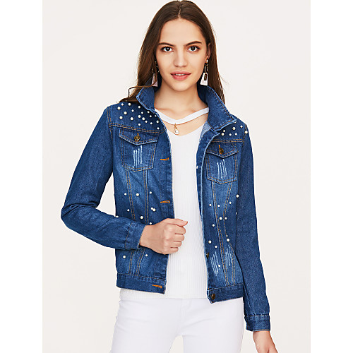 

Women's Denim Jacket Daily Fall Spring Short Coat Peaked Lapel Jacket Long Sleeve Solid Colored Pure Color Blue / Going out / Plus Size / Cotton