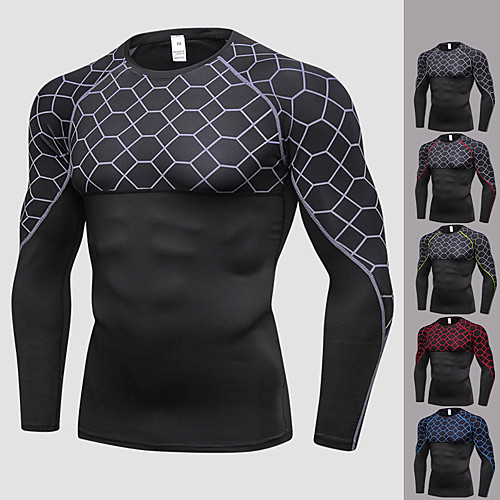 

Men's Compression Shirt Yoga Top Winter Patchwork Stripes Red black Red Blue Gray Green Spandex Fitness Gym Workout Running Compression Clothing Long Sleeve Sport Activewear Quick Dry Breathable