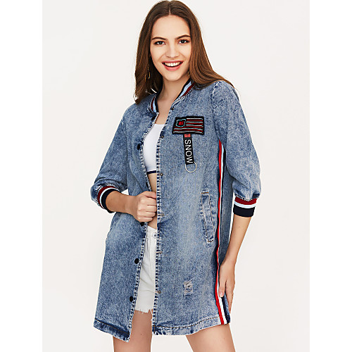 

Women's Denim Jacket Daily Fall Winter Long Coat Jacket Long Sleeve Color Block Print Gray