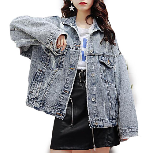 

Women's Denim Jacket Daily Regular Coat Shirt Collar Jacket Long Sleeve Solid Colored Gray