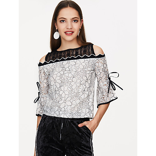 

Women's Blouse Solid Colored Floral Lace 3/4 Length Sleeve Daily Tops Basic White Black