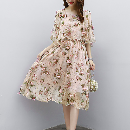 

Women's Shift Dress Knee Length Dress Blushing Pink Floral Print Summer Round Neck Sophisticated Boho Work Floral S M L XL XXL