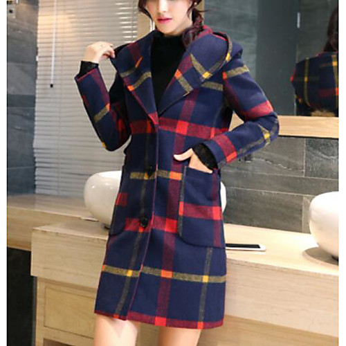 

Women's Daily / Going out Basic / Street chic Fall & Winter Plus Size Long Coat, Plaid / Checkered Hooded Long Sleeve Wool / Polyester Green / Red
