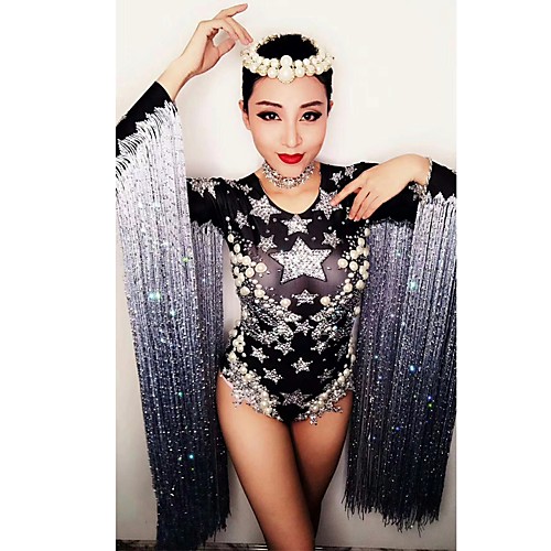 

Exotic Dancewear Leotard / Onesie Pearls Tassel Crystals / Rhinestones Women's Performance Long Sleeve Natural Spandex