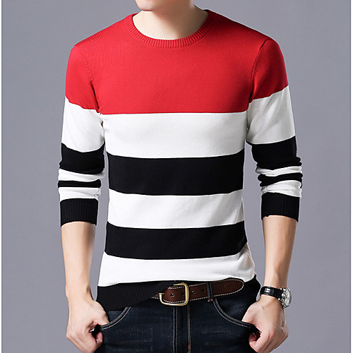 

Men's Color Block Pullover Long Sleeve Regular Sweater Cardigans Round Neck Red Navy Blue Gray