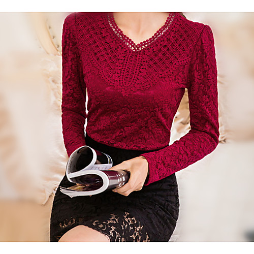 

Women's Shirt Solid Colored Plus Size Lace Patchwork Long Sleeve Daily Tops Cotton Basic White Black Wine