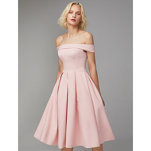 

A-Line Minimalist Graduation Cocktail Party Dress Off Shoulder Sleeveless Knee Length Spandex with Pleats 2021