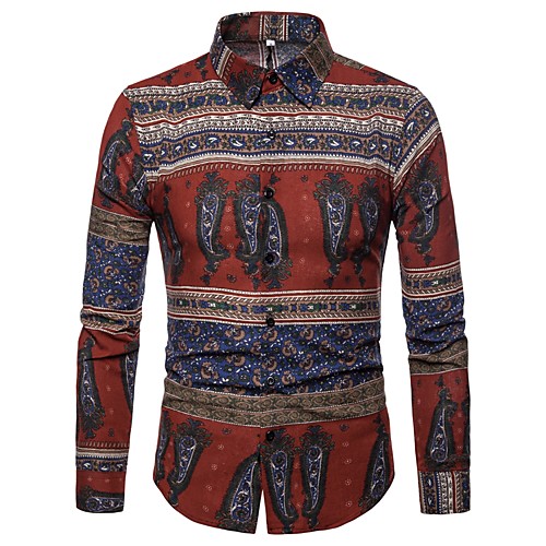 

Men's Shirt Geometric Tribal Print Long Sleeve Daily Tops Basic Red Navy Blue