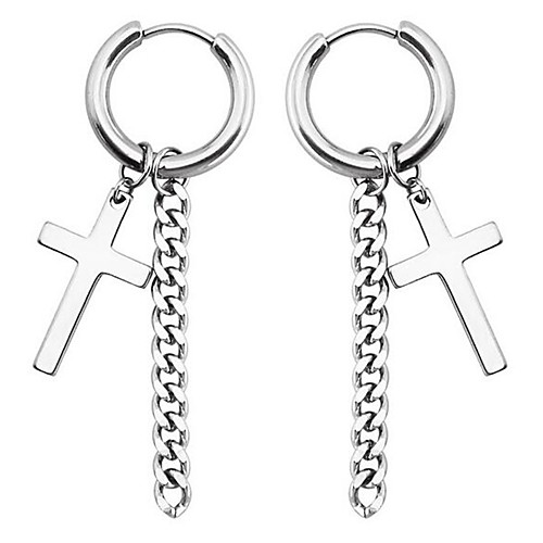 

Men's Hoop Earrings Tassel Fringe Cross Circle Cross Dangling Titanium Steel Earrings Jewelry Black / Silver For Daily 1 Pair