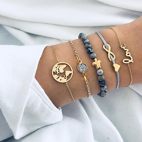 

5pcs Women's Chain Bracelet Bead Bracelet Pendant Bracelet Layered Maps Letter Turtle Ladies Vintage Punk Korean Sweet Resin Bracelet Jewelry Gold For Street Gift Daily Going out