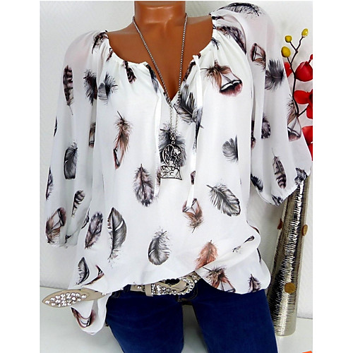 

Women's Plus Size Blouse Shirt Geometric V Neck Tops White Black Blue