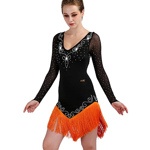 

Latin Dance Dress Crystals / Rhinestones Women's Training Long Sleeve High Spandex Tulle