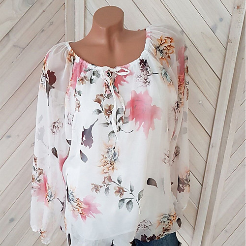 

Women's Plus Size Blouse Shirt Floral Geometric Flower Long Sleeve Round Neck Tops White Blue Purple