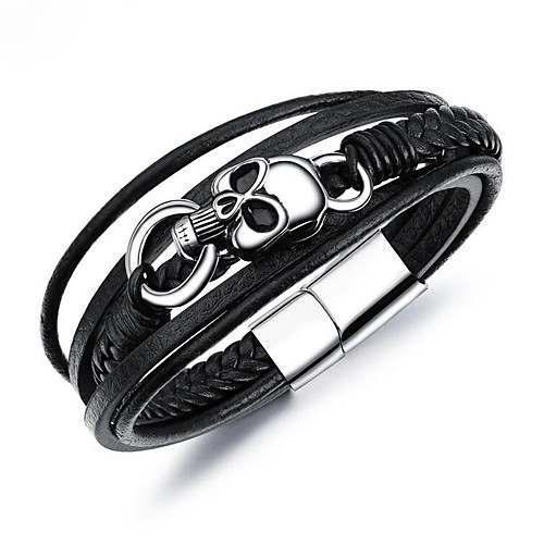 

Men's Leather Bracelet Braided Magnetic Skull Vintage European Genuine Leather Bracelet Jewelry Black For Street / Titanium Steel