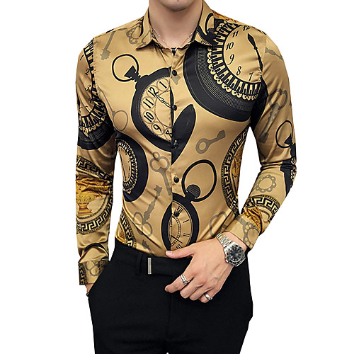 

Men's Shirt Geometric Long Sleeve Party Slim Tops Luxury Vintage Classic Collar Gold Black / Fall / Work / Club