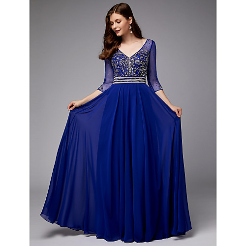 

A-Line Elegant & Luxurious See Through Beaded & Sequin Prom Formal Evening Dress V Neck 3/4 Length Sleeve Floor Length Chiffon Tulle with Beading 2021