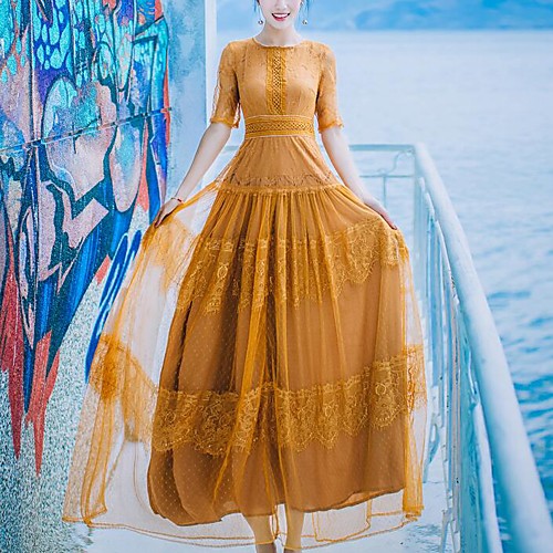 

Women's Sheath Dress Maxi long Dress Yellow Half Sleeve Solid Colored Lace Spring Summer Round Neck Party Going out S M L / High Waist / Sexy