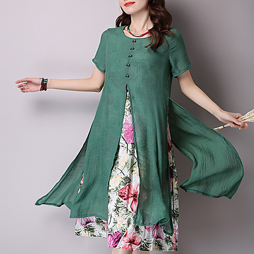 

Women's Loose Midi Dress Gray Green Short Sleeve Floral Print Summer Round Neck Chinoiserie Floral M L XL XXL / Cotton / Cotton