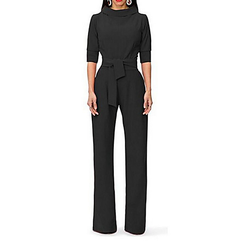 

Women's Daily Crew Neck Wine Yellow Army Green Wide Leg Jumpsuit Onesie, Solid Colored S M L Long Sleeve