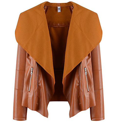 

Women's Going out Street chic Short Leather Jacket, Solid Colored Fold-over Collar Long Sleeve Polyester Black / Brown / Beige