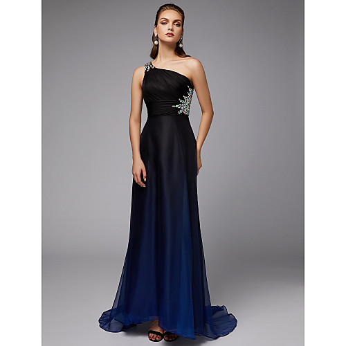 

Sheath / Column Elegant Formal Evening Dress One Shoulder Sleeveless Sweep / Brush Train Chiffon with Beading Side Draping 2021