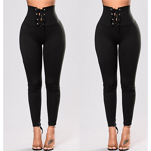 

Women's High Waist Yoga Pants Drawstring Lace up Tights Leggings Tummy Control 4 Way Stretch Solid Color Black Spandex Zumba Fitness Dance Sports Activewear Stretchy Slim