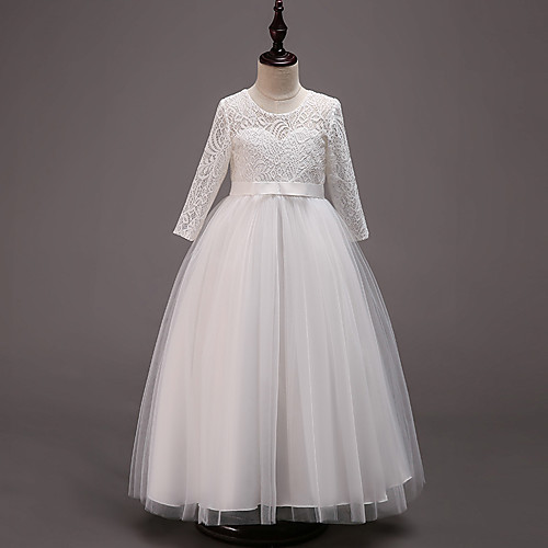 

Princess Floor Length Flower Girl Dresses Party Lace Half Sleeve Jewel Neck with Lace