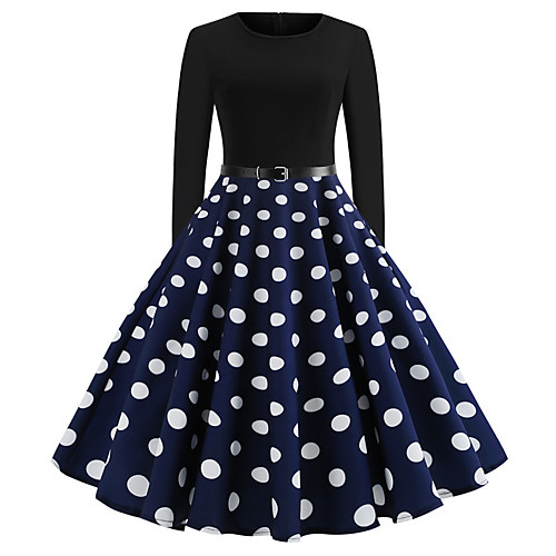 

Women's Swing Dress Knee Length Dress Blue Black Red Long Sleeve Polka Dot Fall Spring Round Neck Elegant Vintage Holiday Going out S M L XL XXL / Cotton / Cotton
