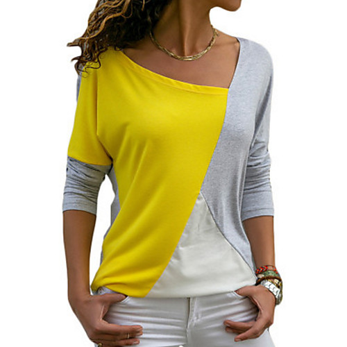 

Women's T shirt Color Block Long Sleeve Round Neck Tops Blue Yellow Gray