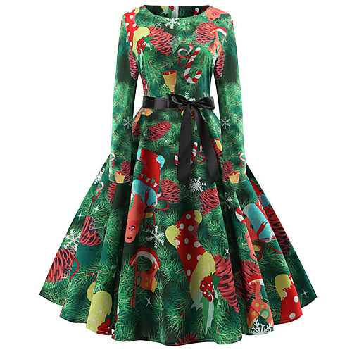 

Women's Swing Dress Green Long Sleeve Santa Claus Abstract Patchwork Print Round Neck Basic Vintage Christmas Party S M L XL XXL