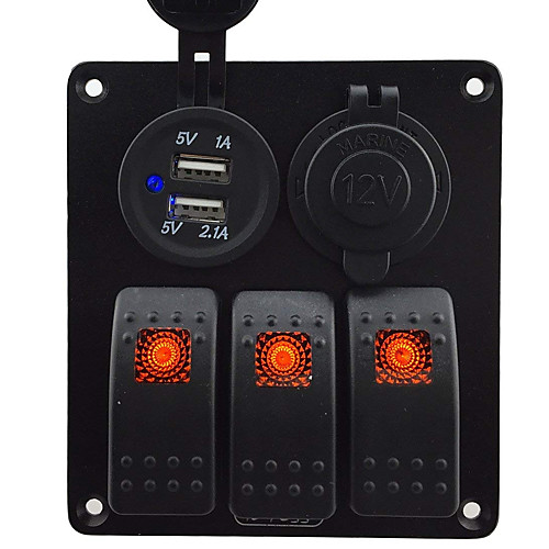 

3 gang rocker switch panel with power socket 3.1A dual USB wiring kits and Decal Sticker Labels DC12V/24V for Marine Boat Car Rv Vehicles Truck