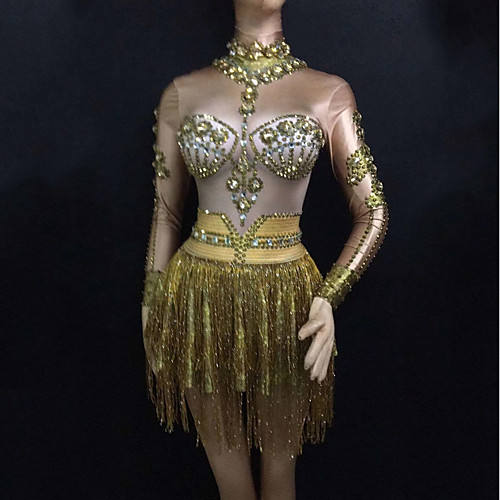 

Exotic Dancewear Leotard / Onesie Tassel Crystals / Rhinestones Women's Performance Long Sleeve Spandex