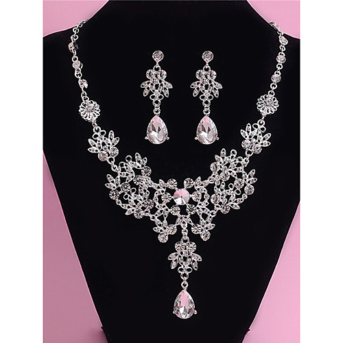 

Women's White Crystal Necklace Earrings Set Tennis Chain Gypsophila Fashion Rhinestone Earrings Jewelry Silver For Wedding Party 1 set