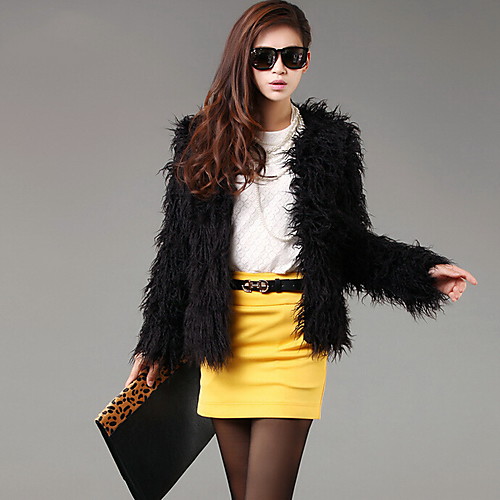 

Women's Fur Coat Daily Fall & Winter Short Coat Basic Jacket Long Sleeve Solid Colored Black