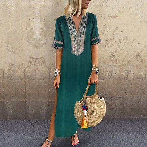 

Women's Plus Size Maxi Dusty Rose Tunic Dress - Short Sleeve Solid Colored Print Summer Spring & Summer Deep V Basic Boho Vacation Loose 2020 Black Purple Blushing Pink Green S M L XL XXL XXXL XXXXL