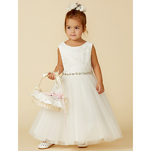 

Princess Floor Length Flower Girl Dresses Wedding Lace Sleeveless Jewel Neck with Lace / First Communion
