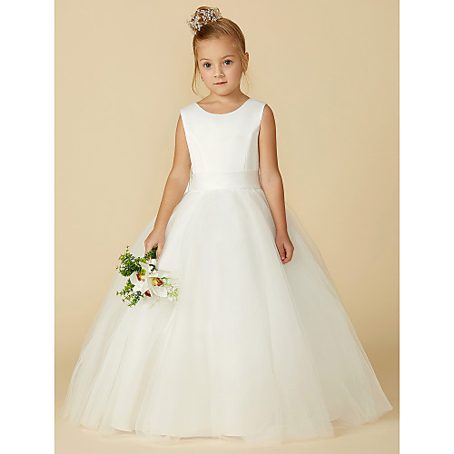 

A-Line Floor Length Flower Girl Dresses Wedding Satin Sleeveless Jewel Neck with Bow(s) / First Communion