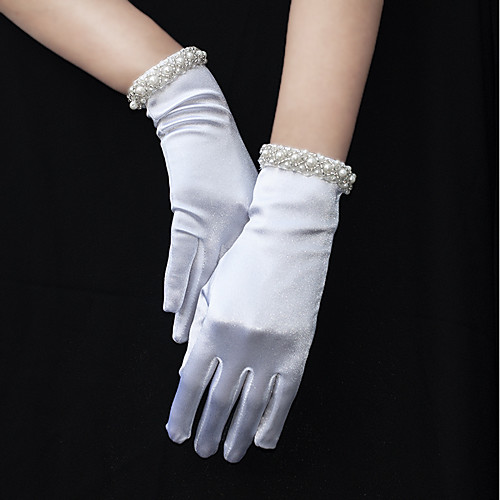 

Elastic Satin Wrist Length Glove Beaded Edge / Gloves With Faux Pearl / Fringe / Trim