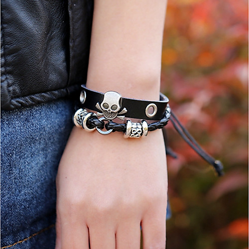 

Men's Leather Bracelet Braided Skull Punk Leather Bracelet Jewelry Black For Daily