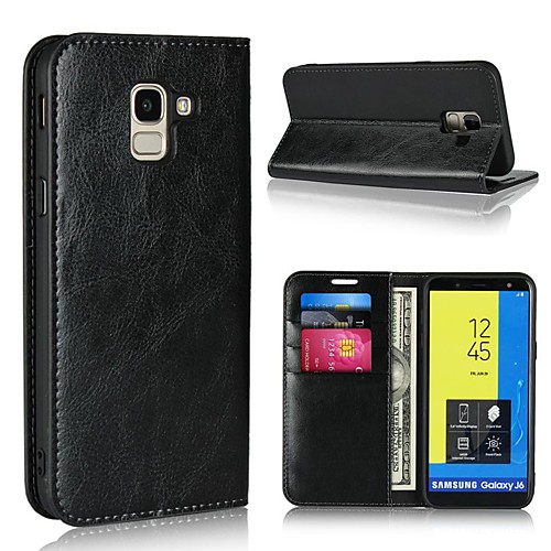 

Phone Case For Samsung Galaxy Full Body Case Leather Wallet Card J7 J6 J5 J3 Wallet Card Holder with Stand Solid Color Hard Genuine Leather