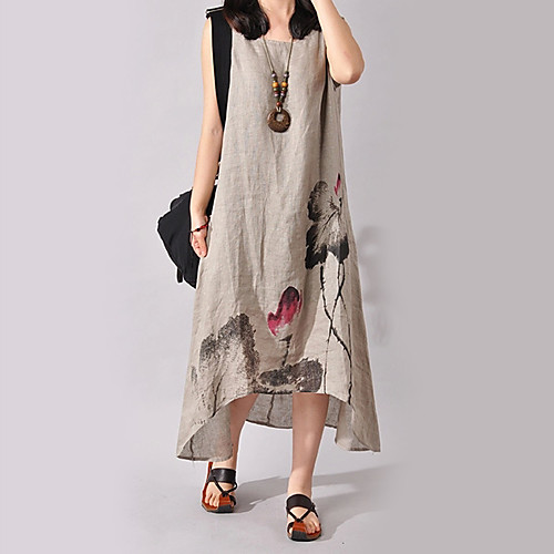 

Women's Midi Dress Blue Wine Gray White Sleeveless Floral Print Summer Round Neck Chinoiserie Loose Floral S M L XL XXL 3XL 4XL / Cotton / Plus Size / Plus Size / Cotton