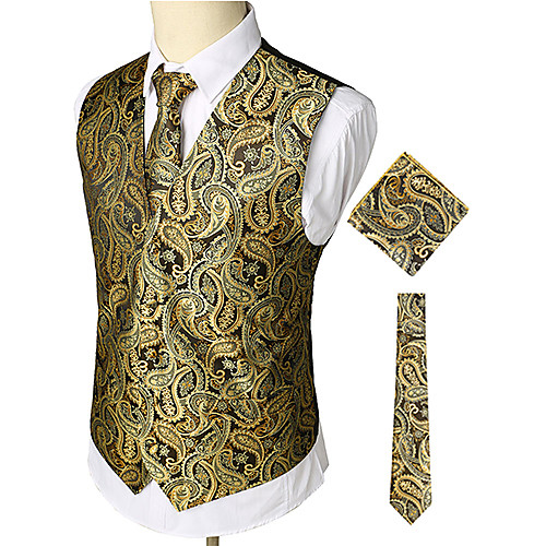 

Men's Vest Work Club Business Luxury Vintage Paisley Slim Spandex / Cotton Men's Suit Gold - V Neck / Fall / Winter / Spring / Sleeveless / Business Casual