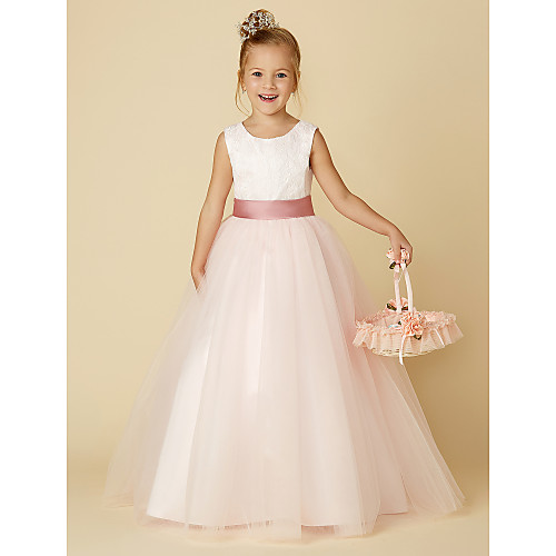 

Princess Floor Length Flower Girl Dresses Wedding Satin Sleeveless Jewel Neck with Lace