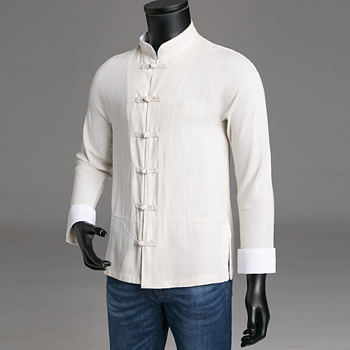 

Men's Shirt Solid Colored Long Sleeve Daily Slim Tops Chinoiserie Standing Collar Khaki Black Red / Fall / Spring